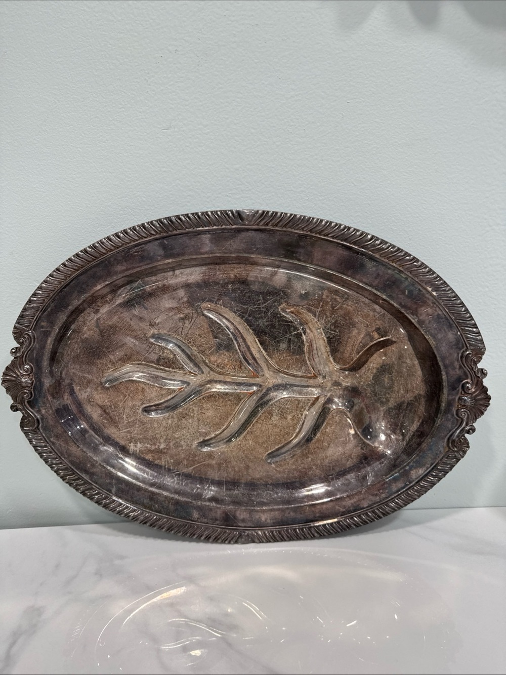 Silver-copper  Decorative Oval Serving Tray with Leaf Motif,  vintage